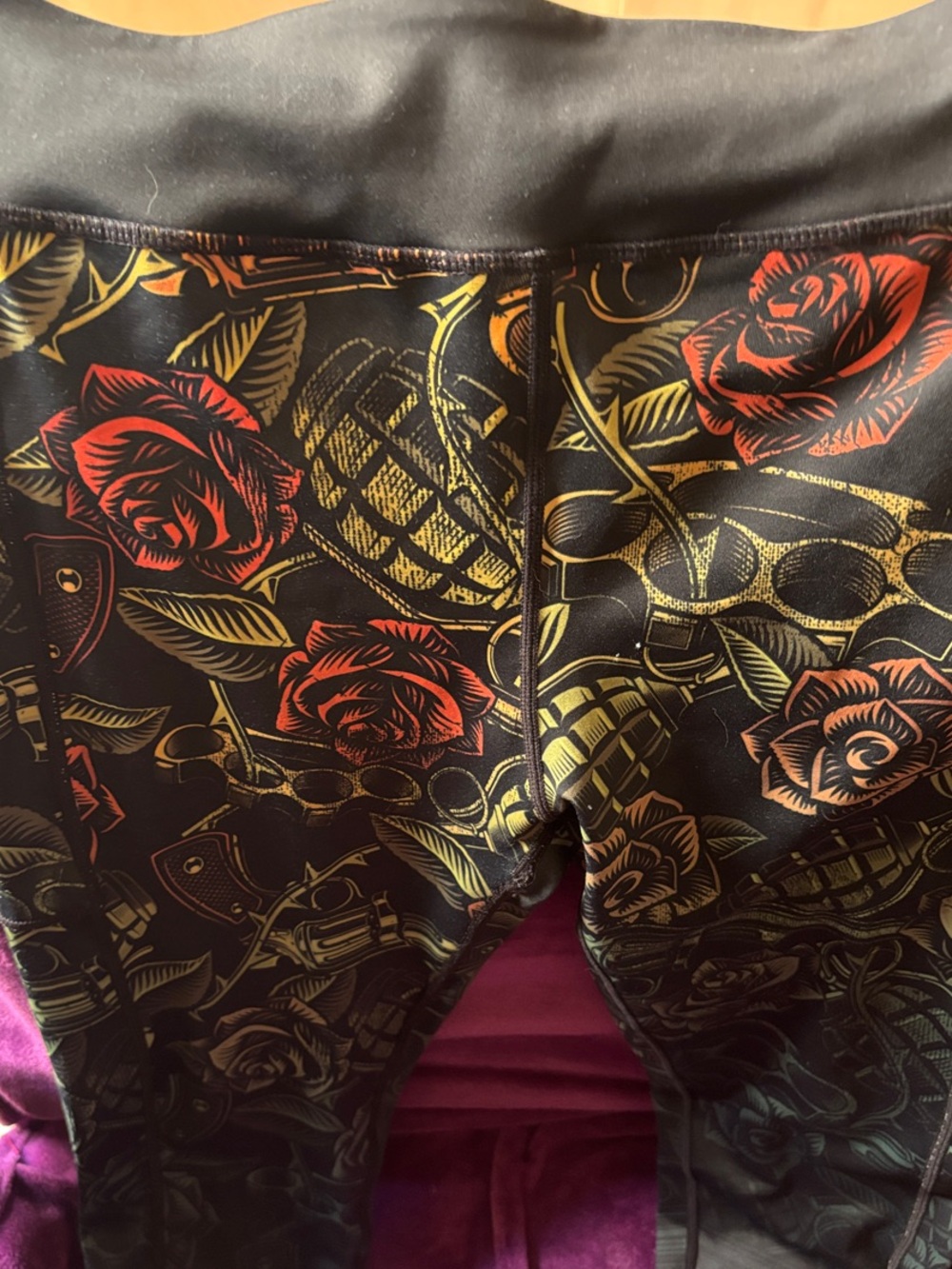 Constantly Varied Gear Black Leggings with Red Roses and Gold Accents